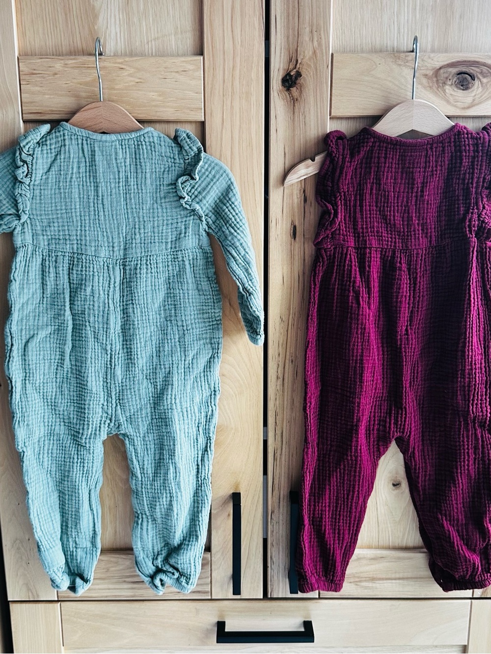 Cat & Jack Muslin Ruffle Rompers - Sage Green & Berry bundle - Picture 2 of 4